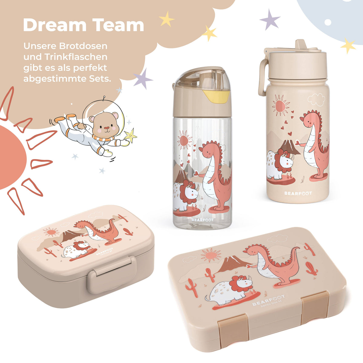 BEARFOOT Kinder Thermo Trinkflasche Edelstahl - Dinos braun, 400 ml - Siliblu Boutique & Atelier