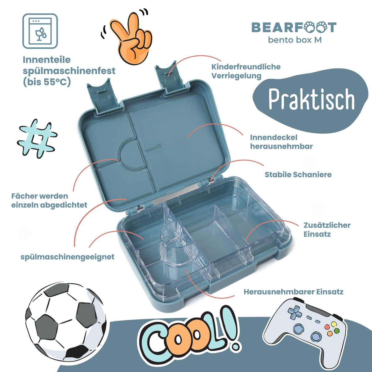 BEARFOOT Brotdose mit Fächern - Blau, 950 ml - Siliblu Boutique &amp; Atelier