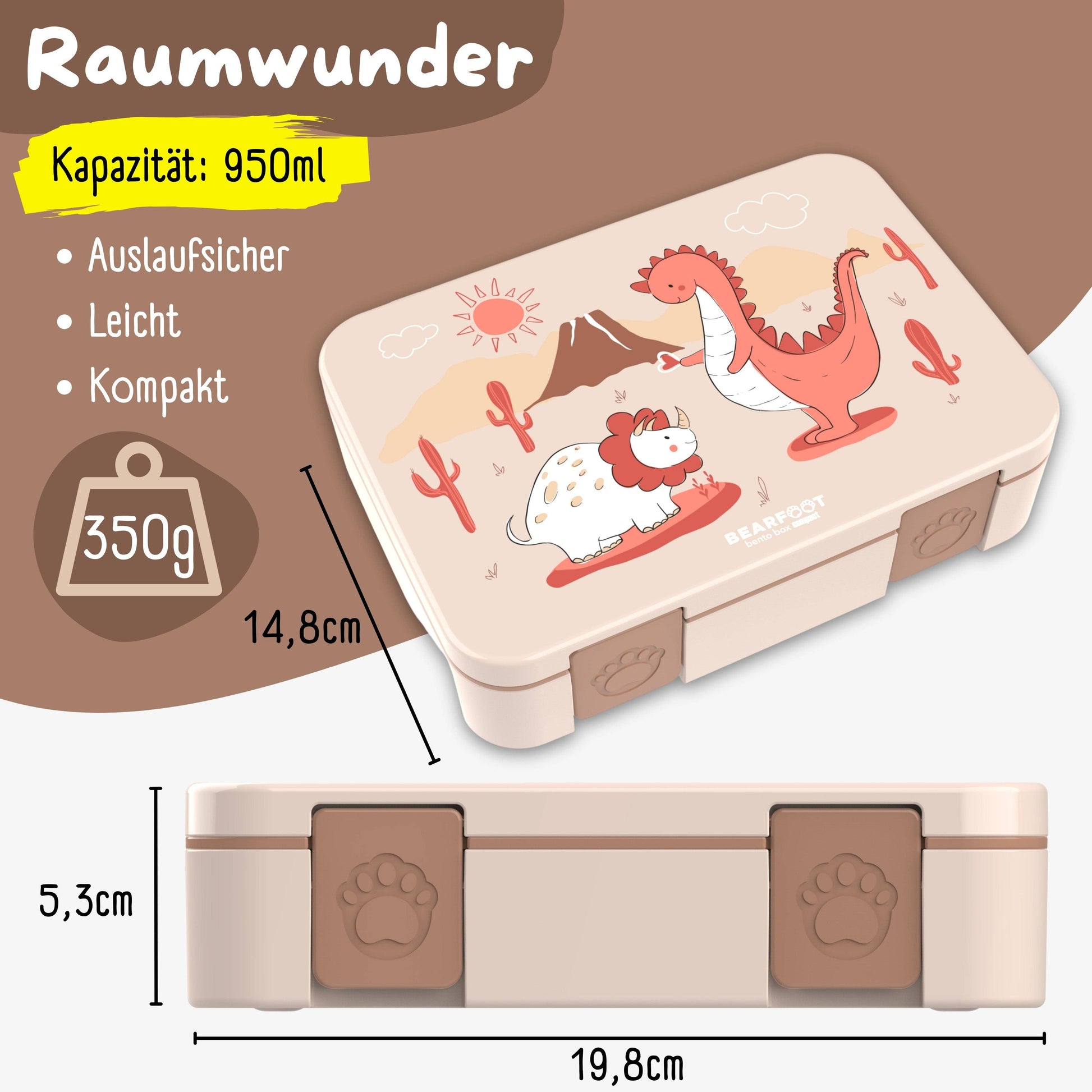 BEARFOOT Brotdose mit Fächern - Dino braun, 950 ml - Siliblu Boutique & Atelier