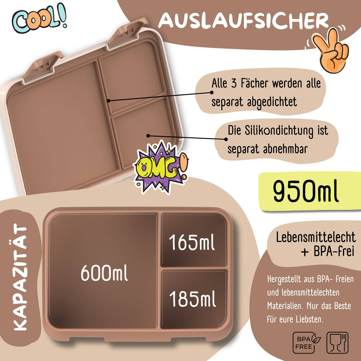 BEARFOOT Brotdose mit Fächern - Dino braun, 950 ml - Siliblu Boutique &amp; Atelier