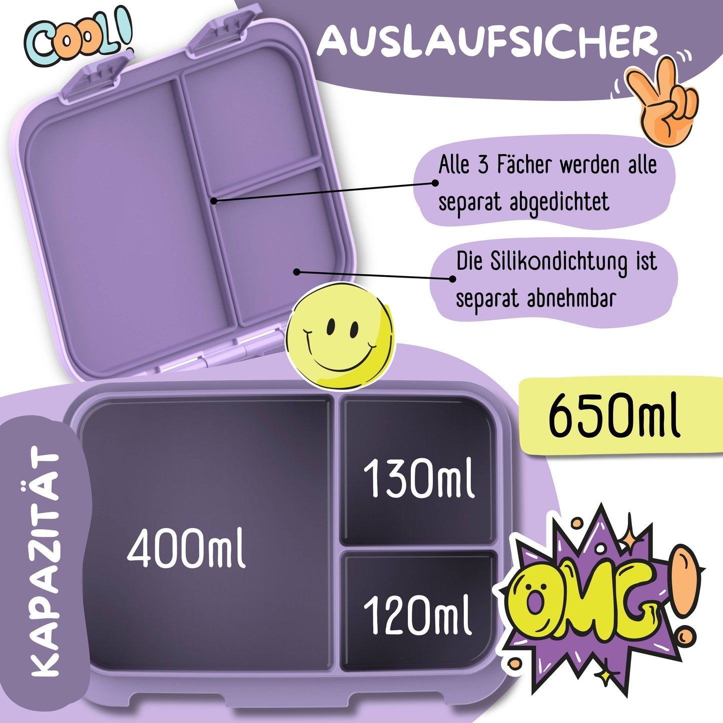 BEARFOOT Brotdose mit Fächern - Einhorn lila, 650 ml - Siliblu Boutique & Atelier