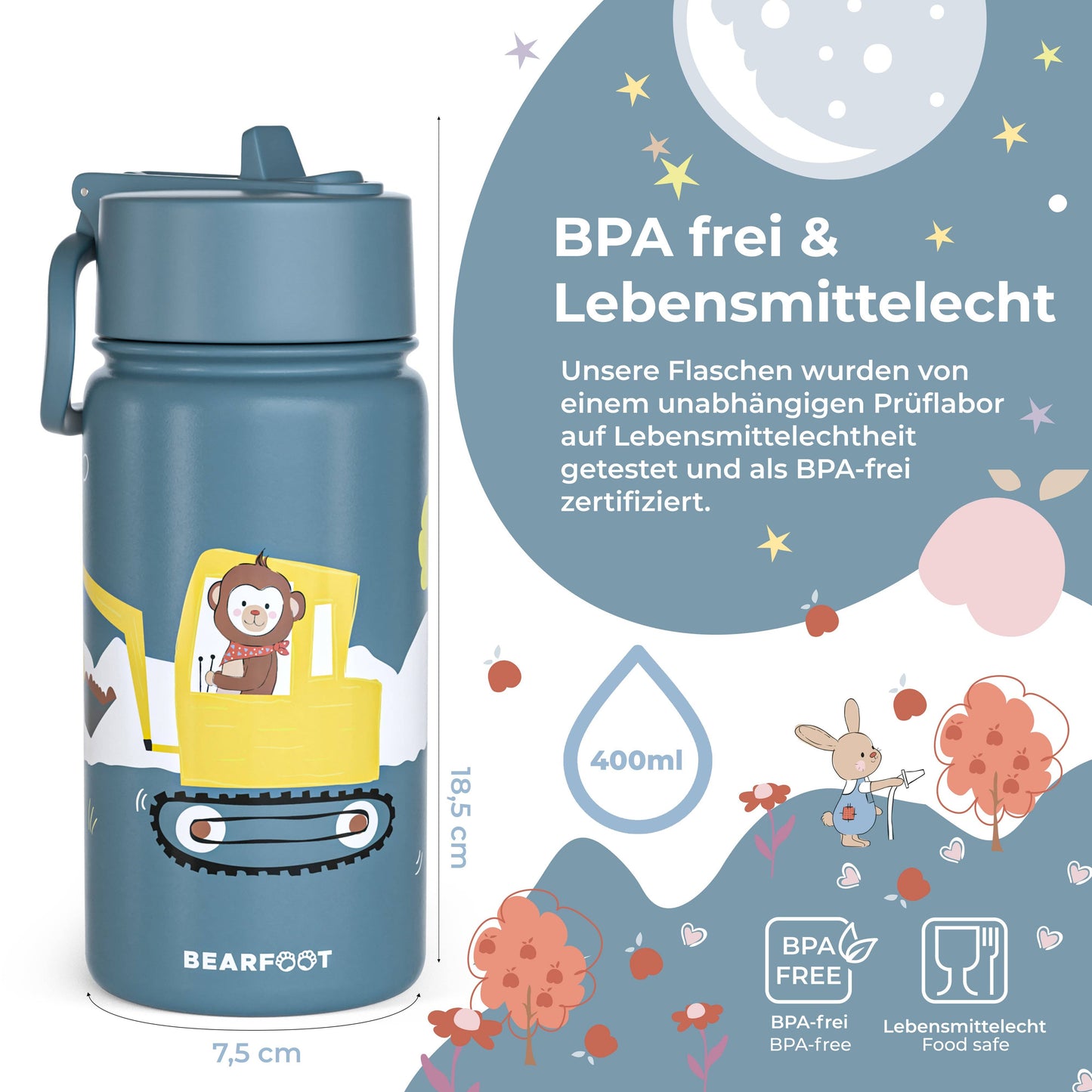 BEARFOOT Kinder Thermo Trinkflasche Edelstahl - Bagger, 400 ml - Siliblu Boutique & Atelier