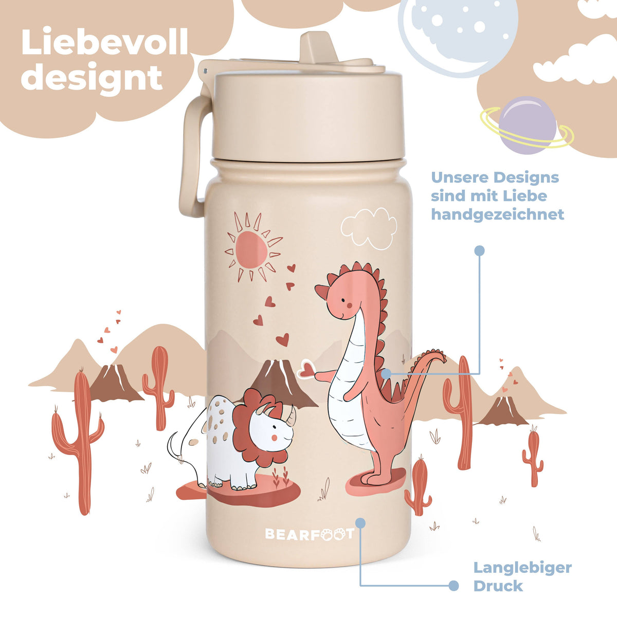 BEARFOOT Kinder Thermo Trinkflasche Edelstahl - Dinos braun, 400 ml - Siliblu Boutique &amp; Atelier