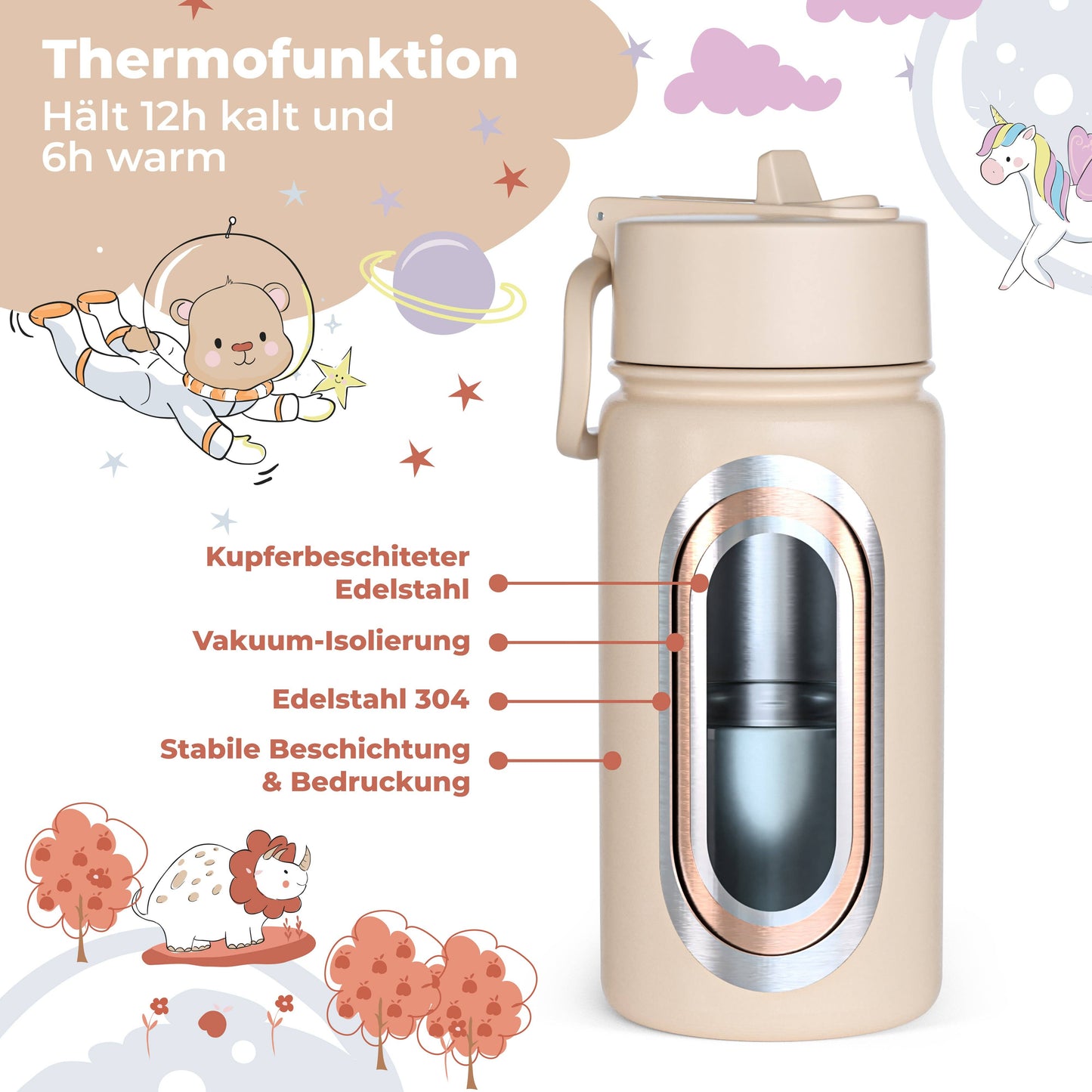 BEARFOOT Kinder Thermo Trinkflasche Edelstahl - Dinos braun, 400 ml - Siliblu Boutique & Atelier