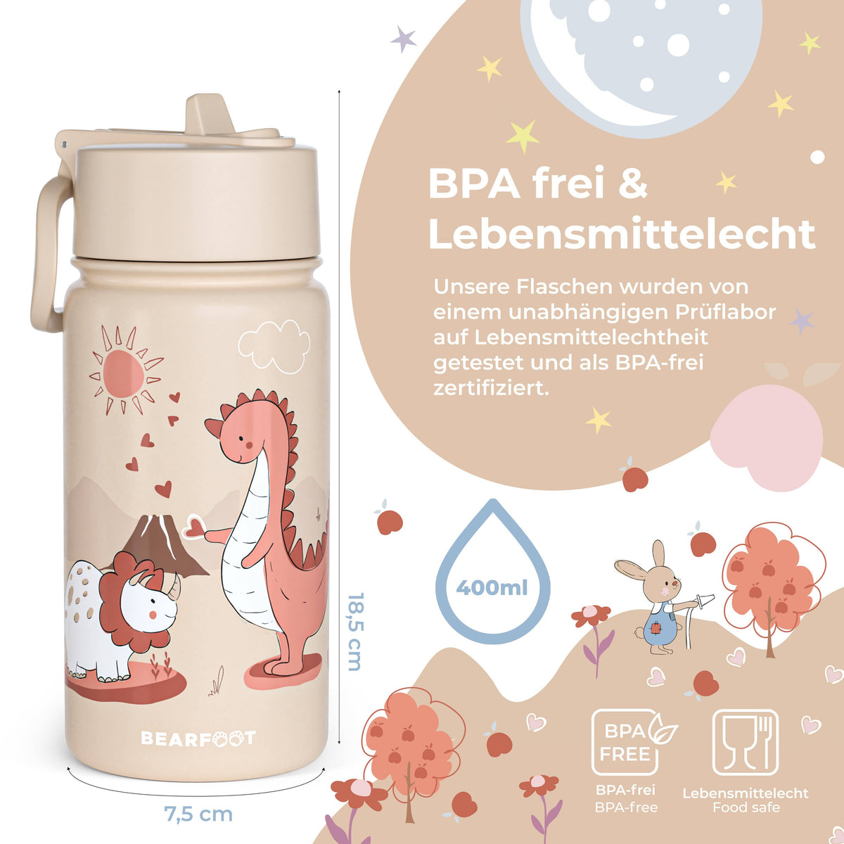 BEARFOOT Kinder Thermo Trinkflasche Edelstahl - Dinos braun, 400 ml - Siliblu Boutique &amp; Atelier