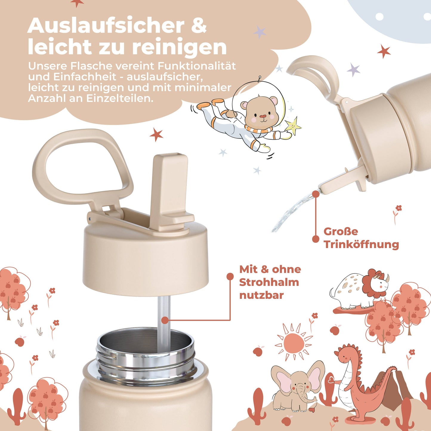 BEARFOOT Kinder Thermo Trinkflasche Edelstahl - Dinos braun, 400 ml - Siliblu Boutique & Atelier