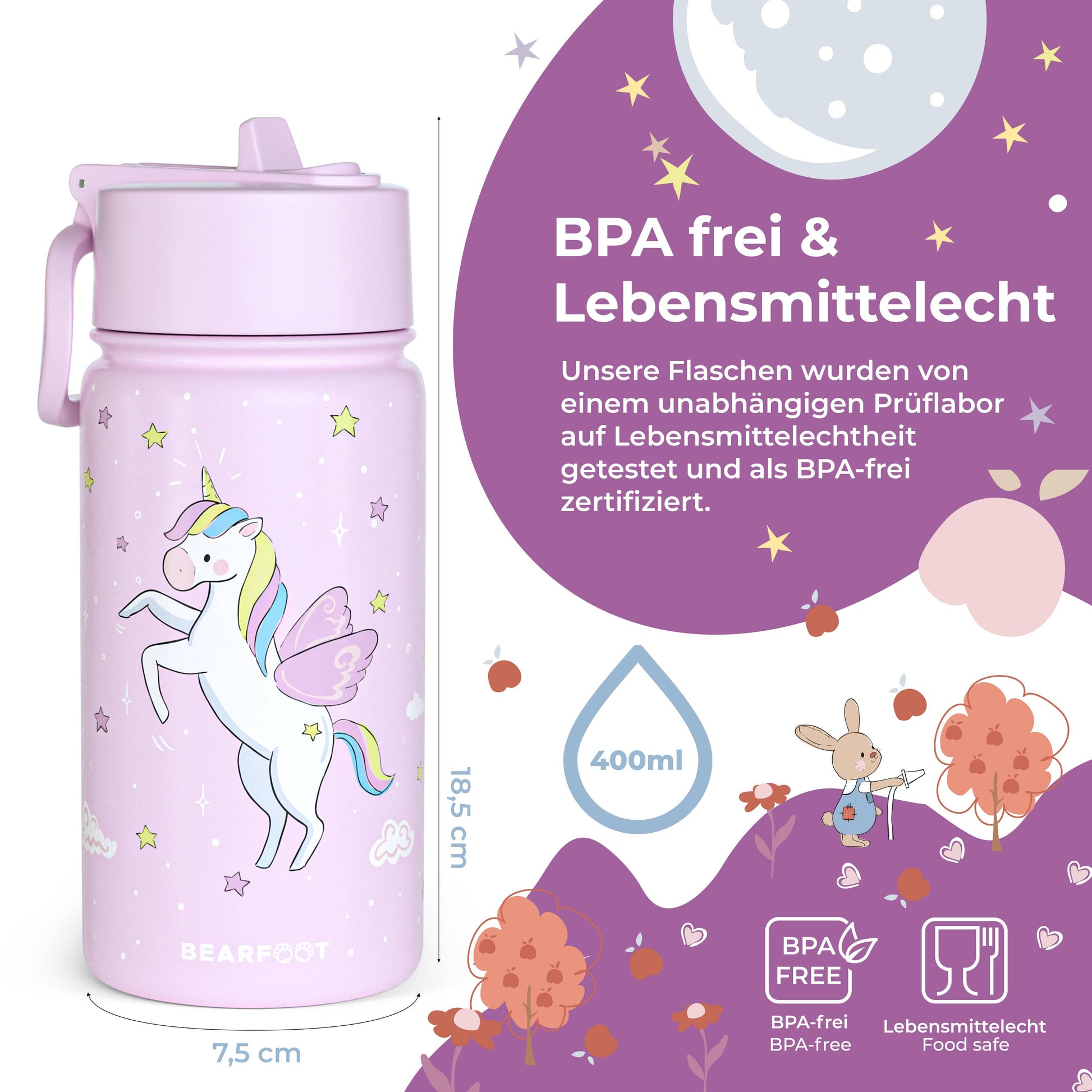 BEARFOOT Kinder Thermo Trinkflasche Edelstahl - Einhorn lila, 400 ml - Siliblu Boutique & Atelier