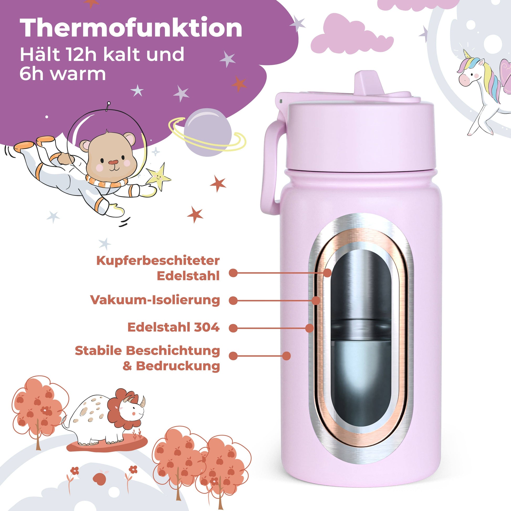 BEARFOOT Kinder Thermo Trinkflasche Edelstahl - Einhorn lila, 400 ml - Siliblu Boutique & Atelier
