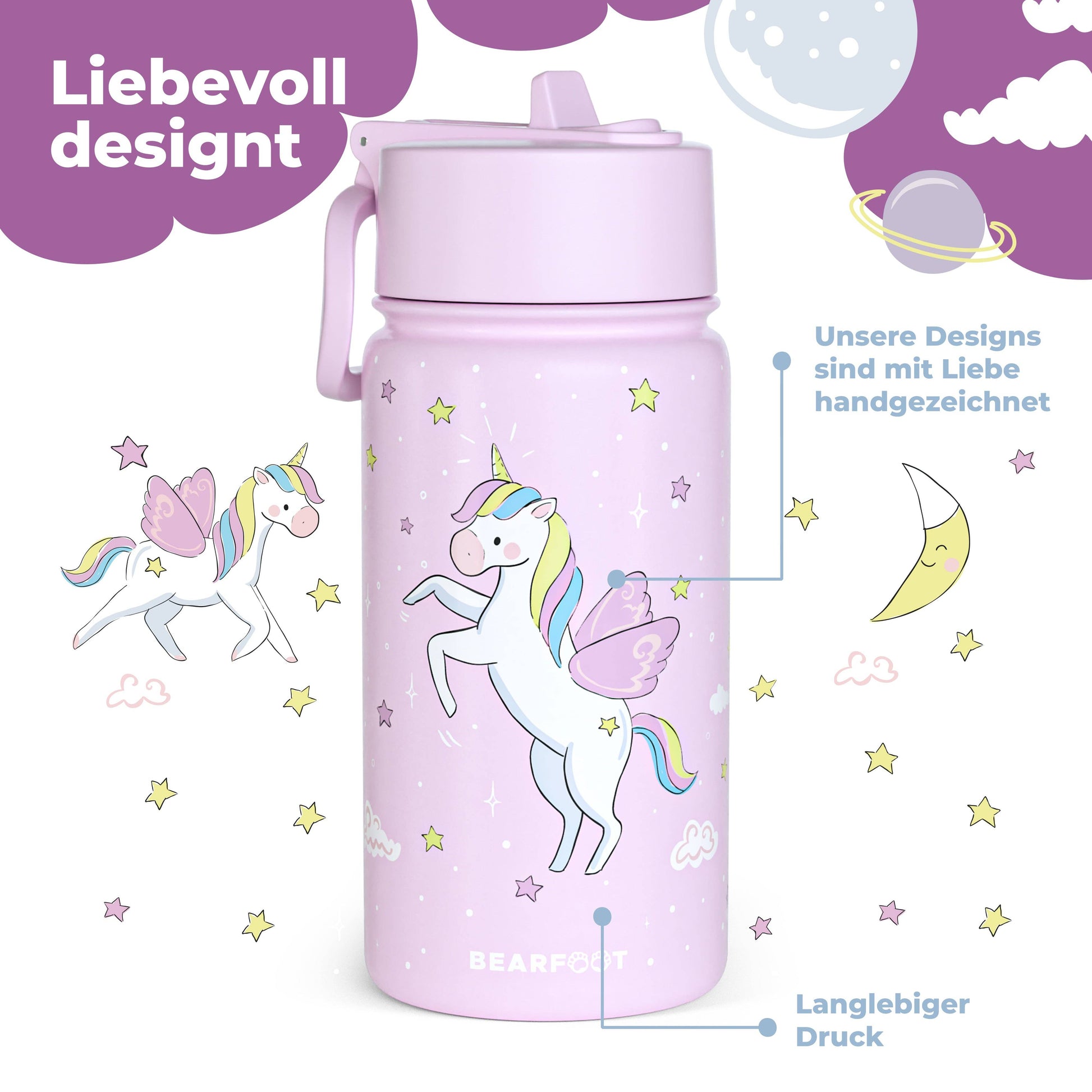 BEARFOOT Kinder Thermo Trinkflasche Edelstahl - Einhorn lila, 400 ml - Siliblu Boutique & Atelier
