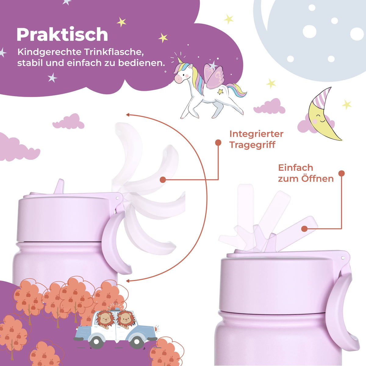 BEARFOOT Kinder Thermo Trinkflasche Edelstahl - Einhorn lila, 400 ml - Siliblu Boutique &amp; Atelier